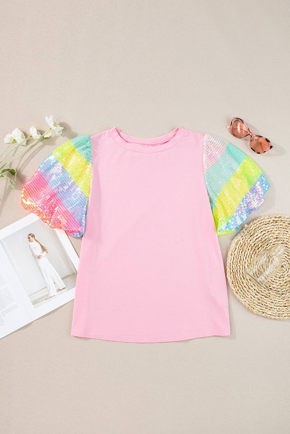 Sequin Colorblock Puff Sleeve Top: Pink