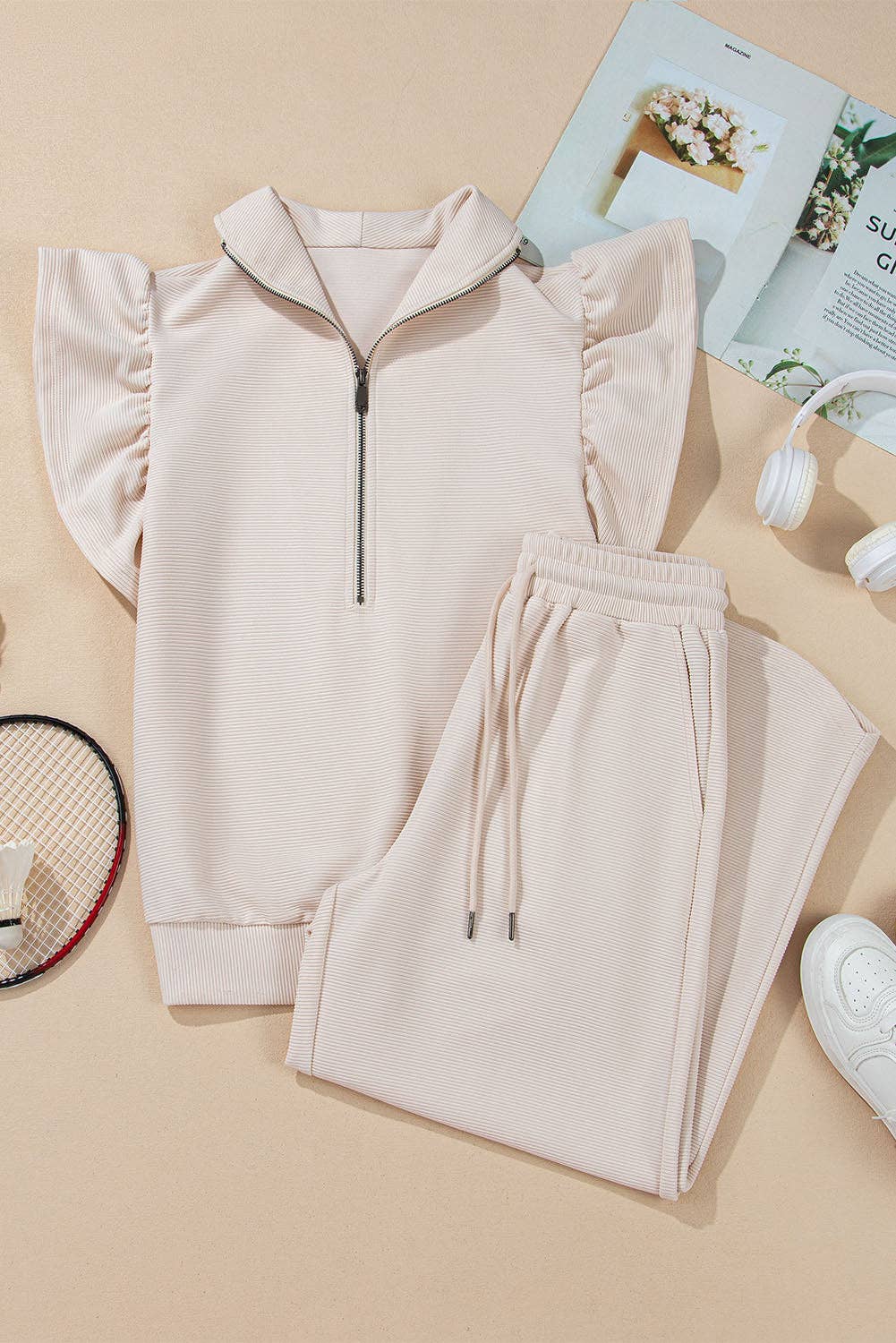 Textured Ruffle Top and Pants Set: Apricot