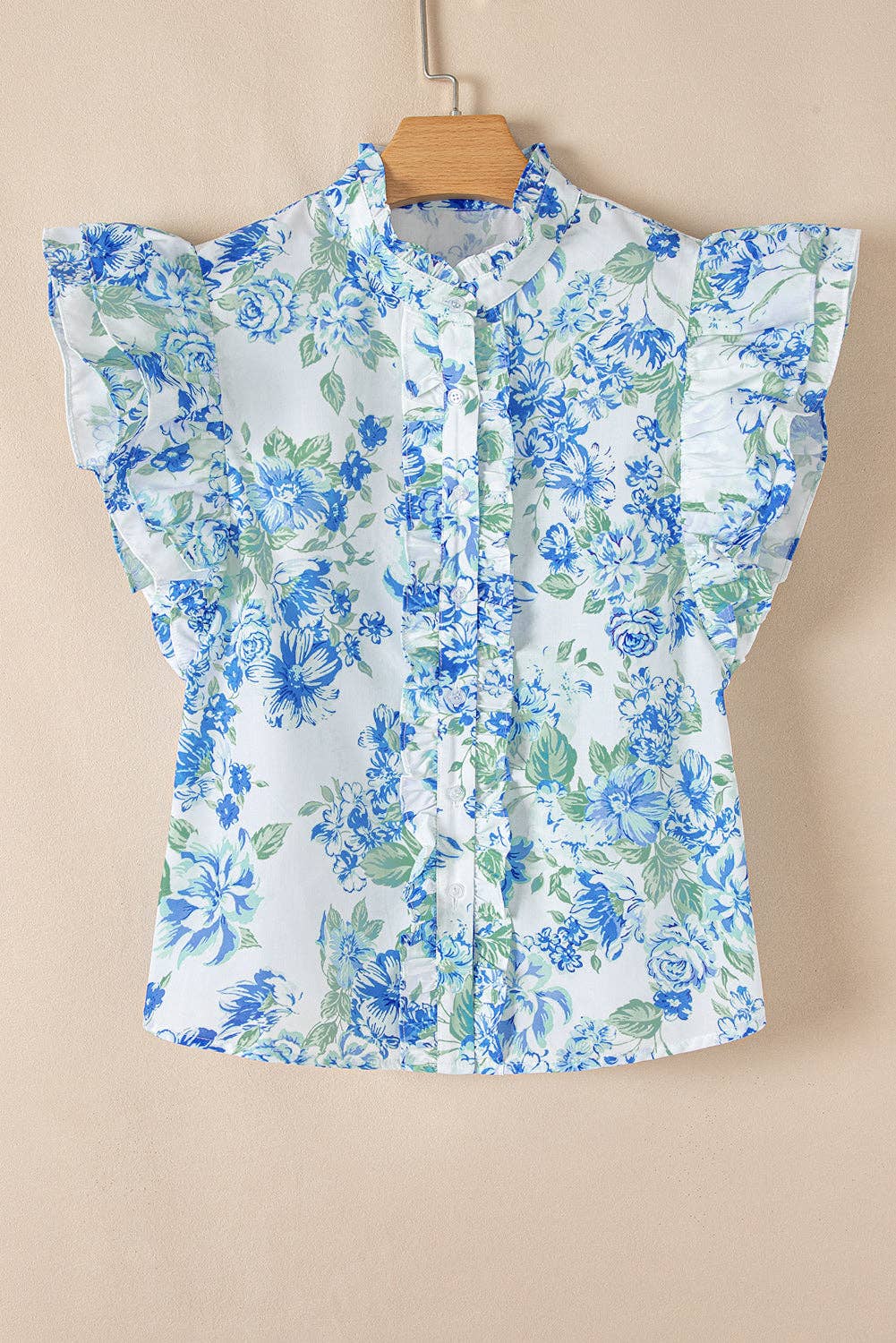 Floral Ruffle Sleeve Buttoned Shirt: Sky Blue / S
