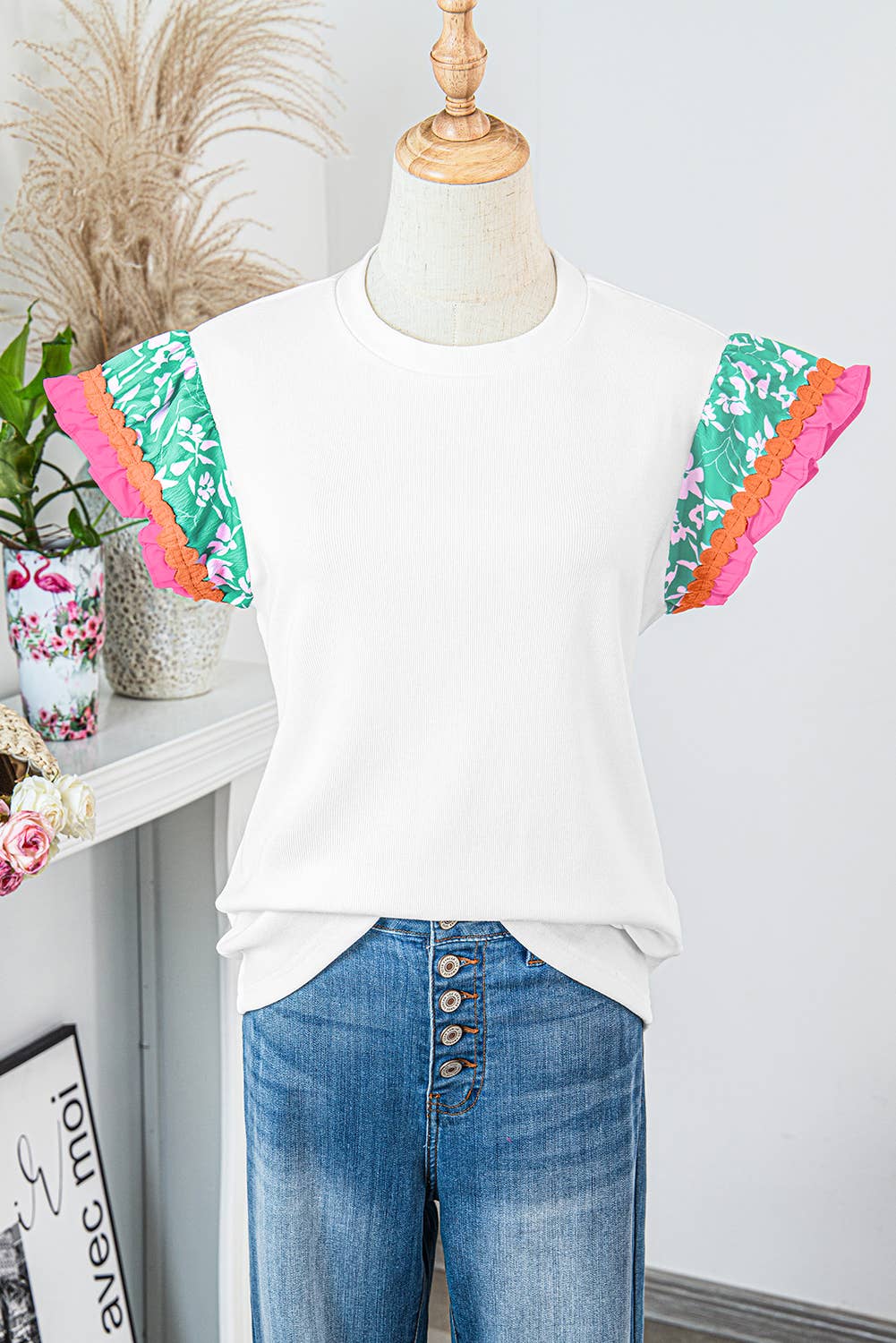 Women Contrast Ricrac Trim Floral Print Sleeve Top