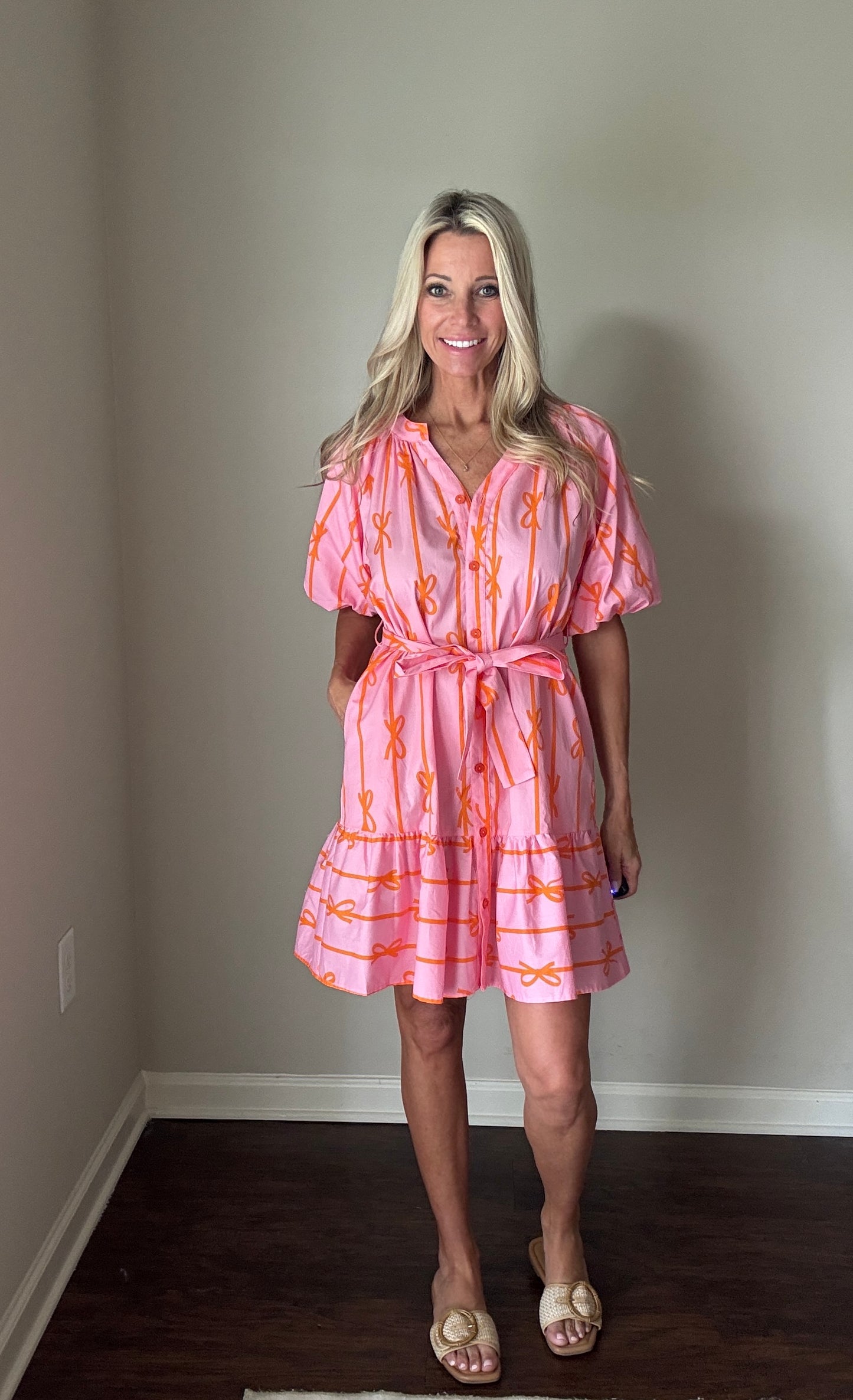 Bow Stripe Belted Mini Dress: Pink