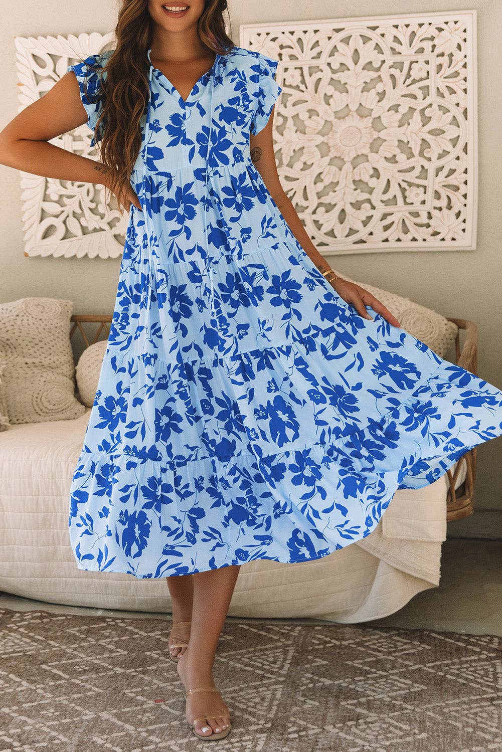 Floral Tiered Maxi Dress: Sky Blue