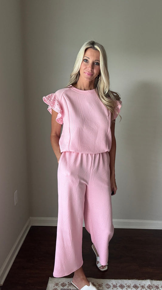 Pearl Beaded Top and Pants Set: Pink