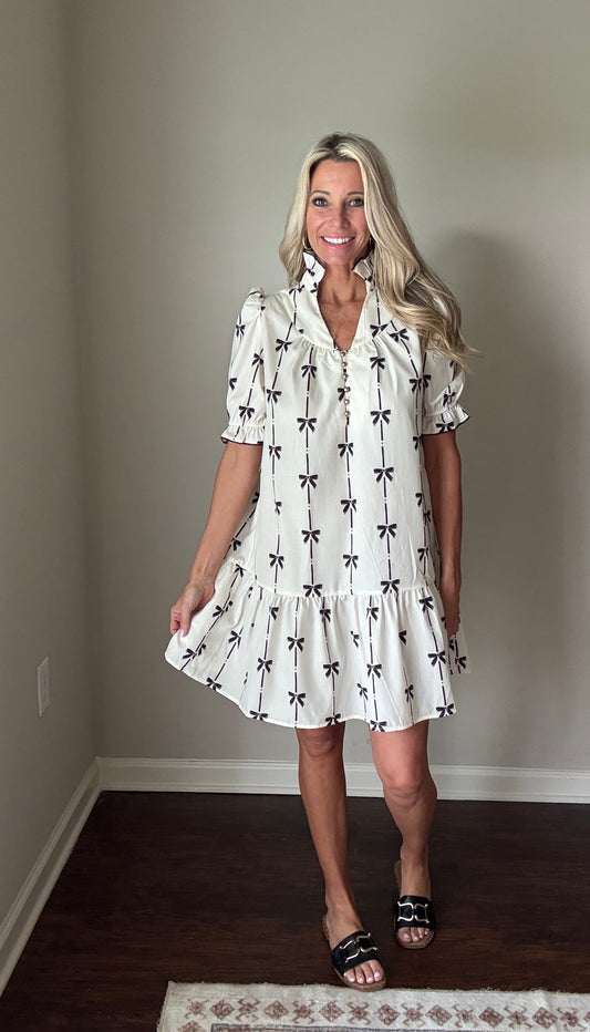 Bow Bubble Sleeve Mini Dress: Beige