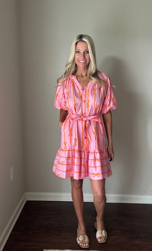 Bow Stripe Belted Mini Dress: Pink