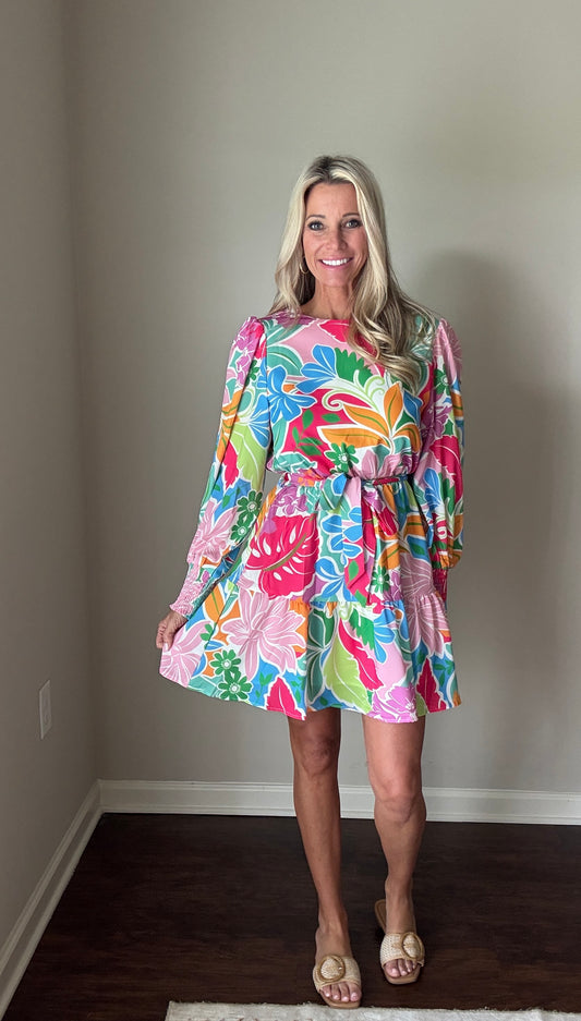 Floral Bubble Sleeve Mini Dress