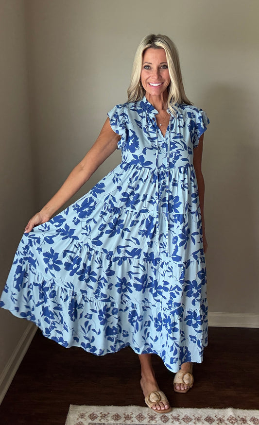 Floral Tiered Maxi Dress: Sky Blue