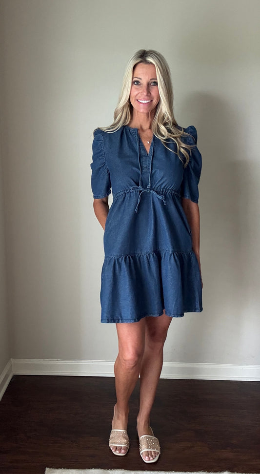 Denim Puff Sleeve Mini Dress: Blue