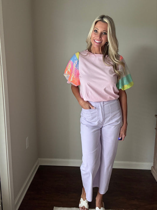 Sequin Colorblock Puff Sleeve Top: Pink