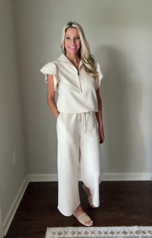 Textured Ruffle Top and Pants Set: Apricot