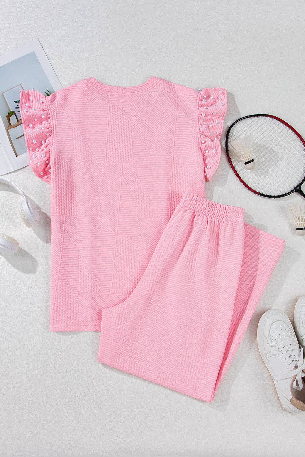 Pearl Beaded Top and Pants Set: Pink